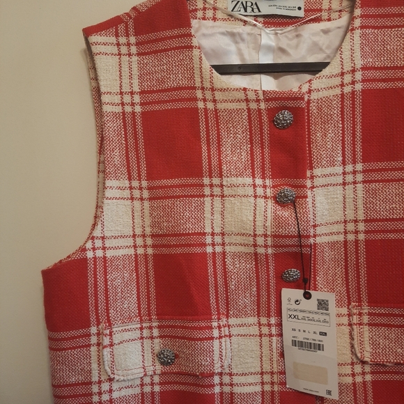 Zara Textured Waistcoat Vest Top Sleeveless Red White - Picture 8 of 14